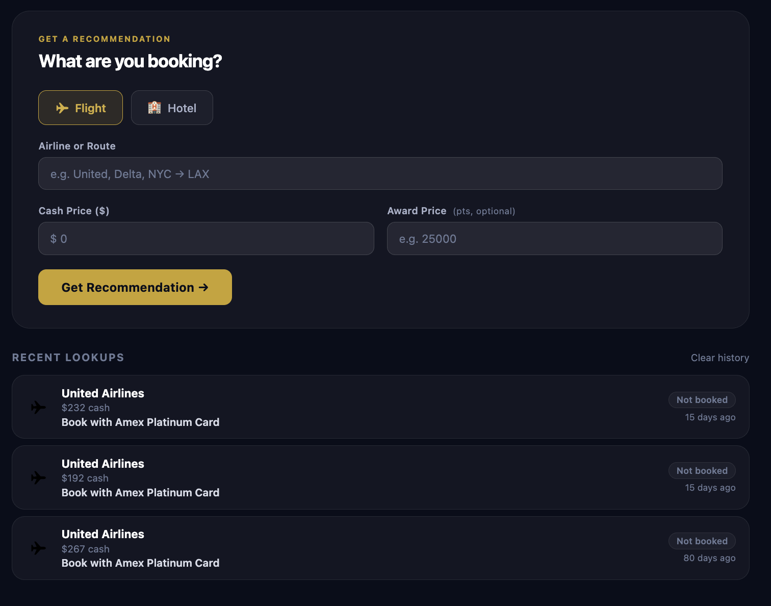 Perk Pilot booking recommendation screen